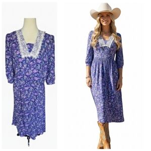 Vintage Alison Peters Floral Purple & Blue Dress with Lace Collar Size 14